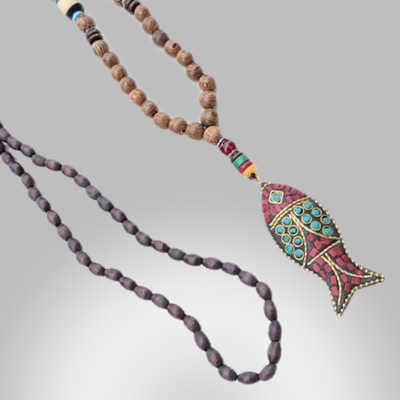Handmade Unisex Mala Wood Beads Fish Necklace - Fashion Jewelry - Picture 9 of 11
